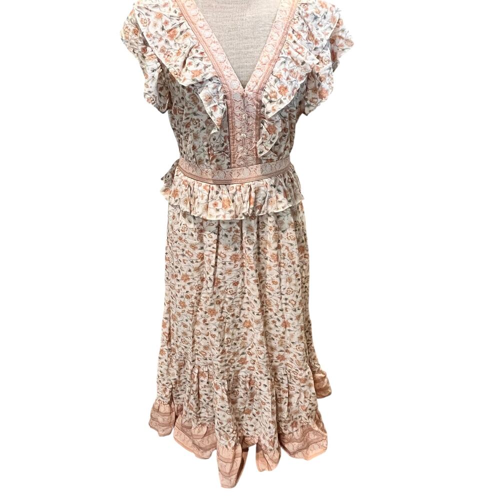 By the River Womens Ruffled Midi Dress Floral Peach Size M/L? Prairie